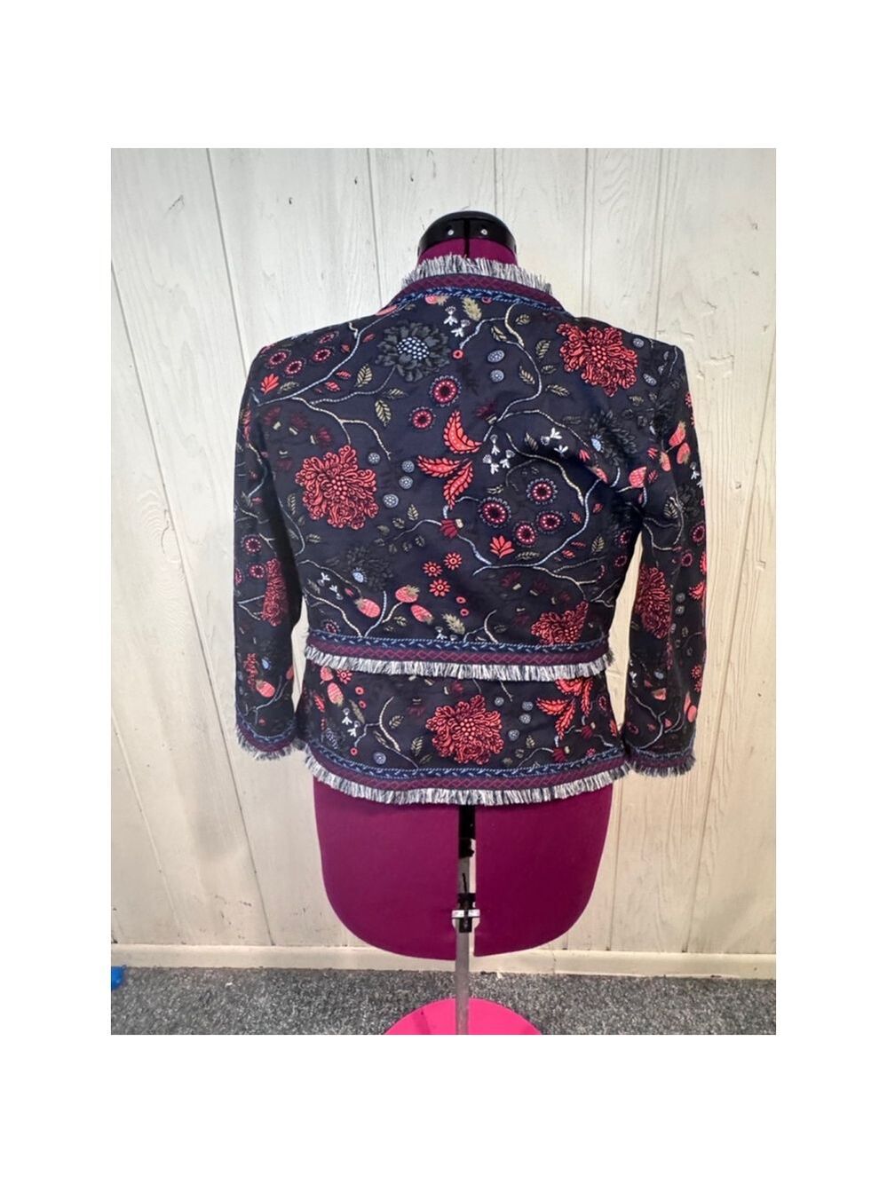 LOFT Primevira Strawberry Embroidered Fringe Open Black Red jacket size 4 - Picture 9 of 16